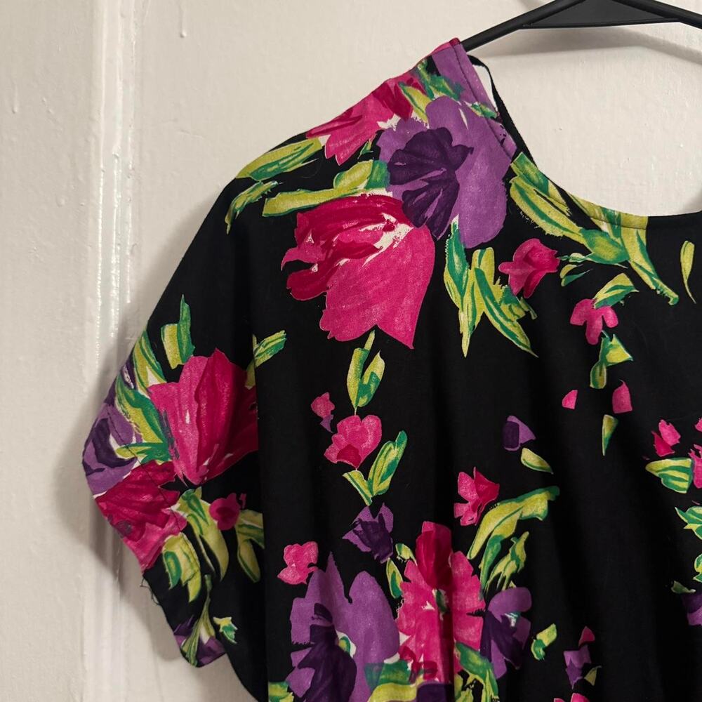 Cottagecore 80s 50s‎ Stuart Alan Black Floral Midi Dress Belted Dolman cotton